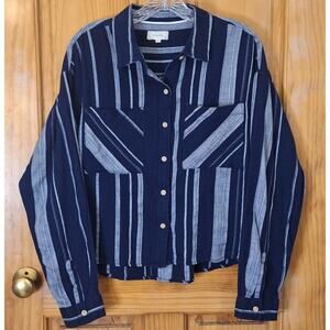 Sandy & Sid Shirt Women Large Navy Gray Striped Cotton Boho Hipster Minimalist